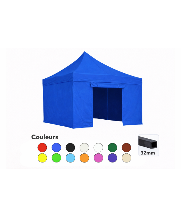 Tente pliante 3x3 bleue LOISIR – Barnum acier 32 mm avec parois