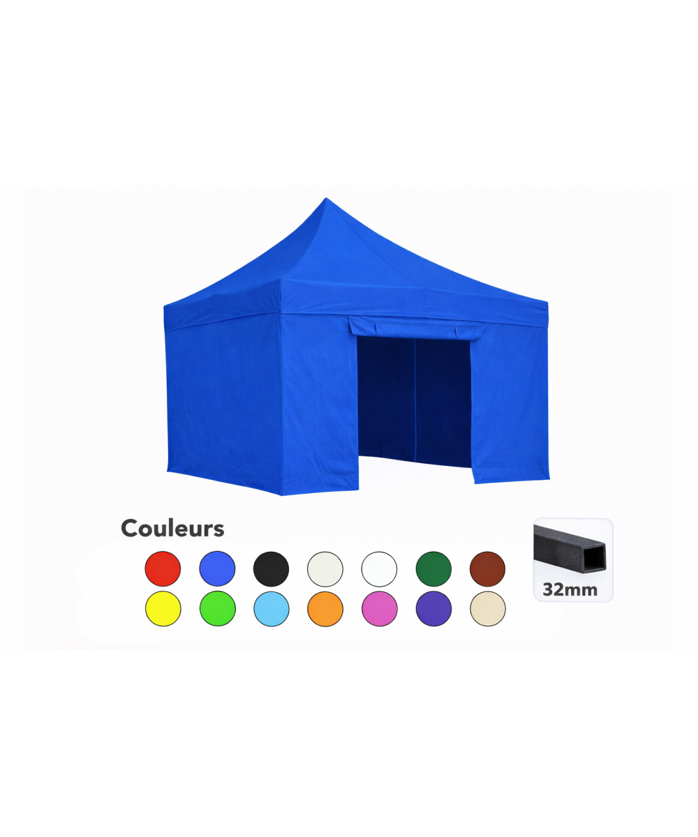Tente pliante 3x3 bleue LOISIR – Barnum acier 32 mm avec parois