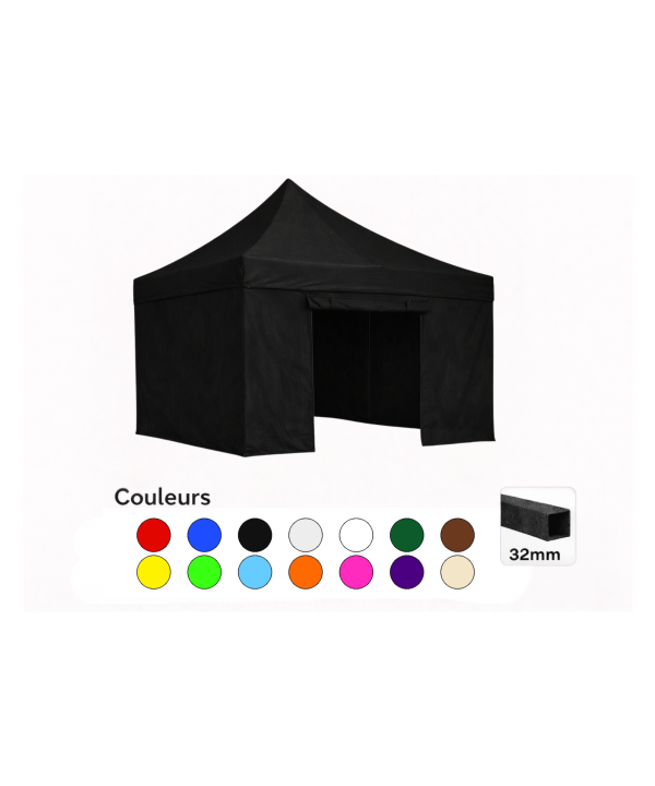 Tente pliante 3x3 noire LOISIR – Barnum acier 32 mm avec parois