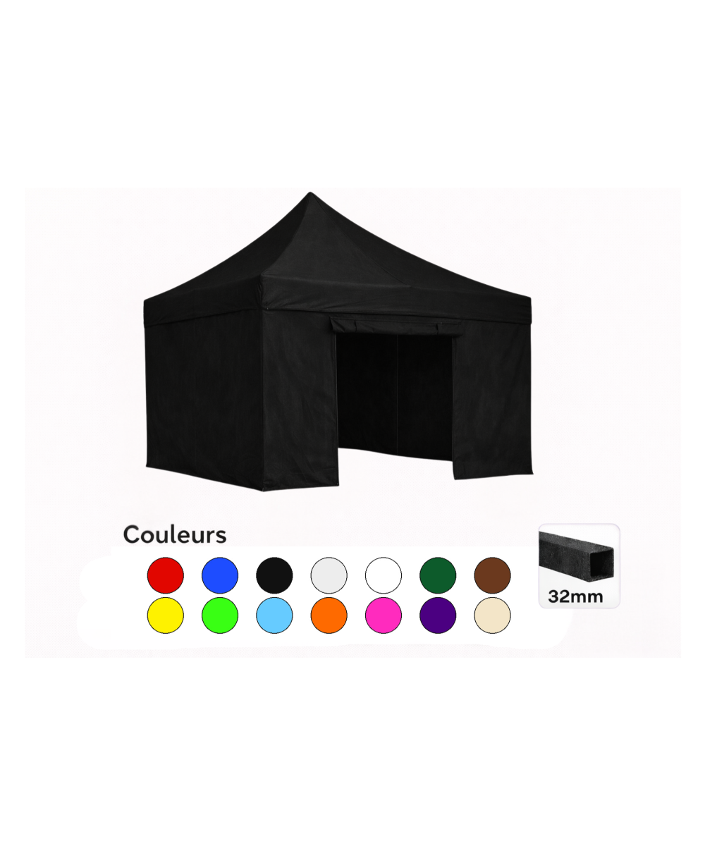 Tente pliante 3x3 noire LOISIR – Barnum acier 32 mm avec parois