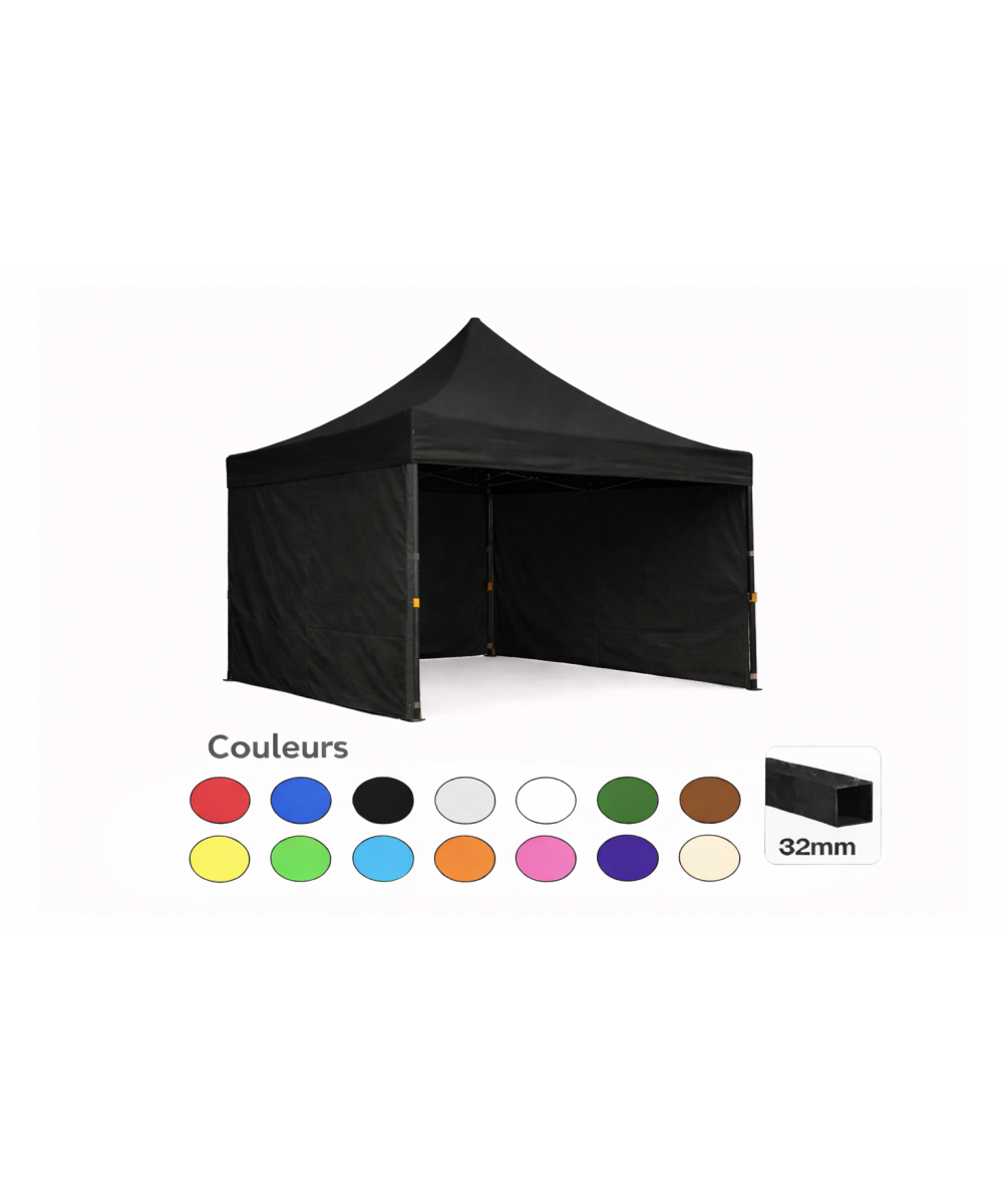 Tente pliante 3x3 noire LOISIR – Barnum acier 32 mm avec parois