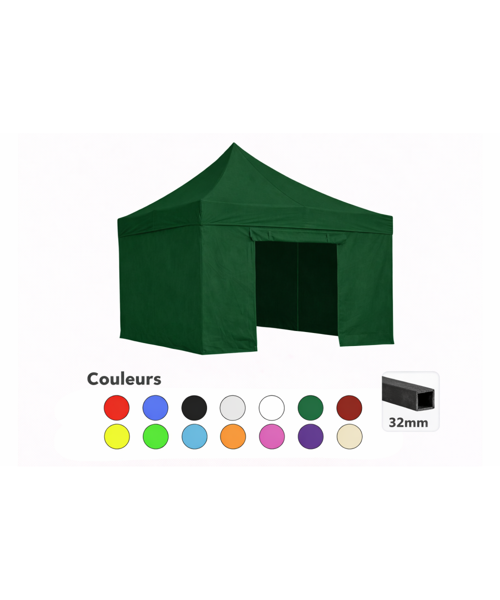 Tente pliante 3x3 verte LOISIR – Barnum acier 32 mm avec parois