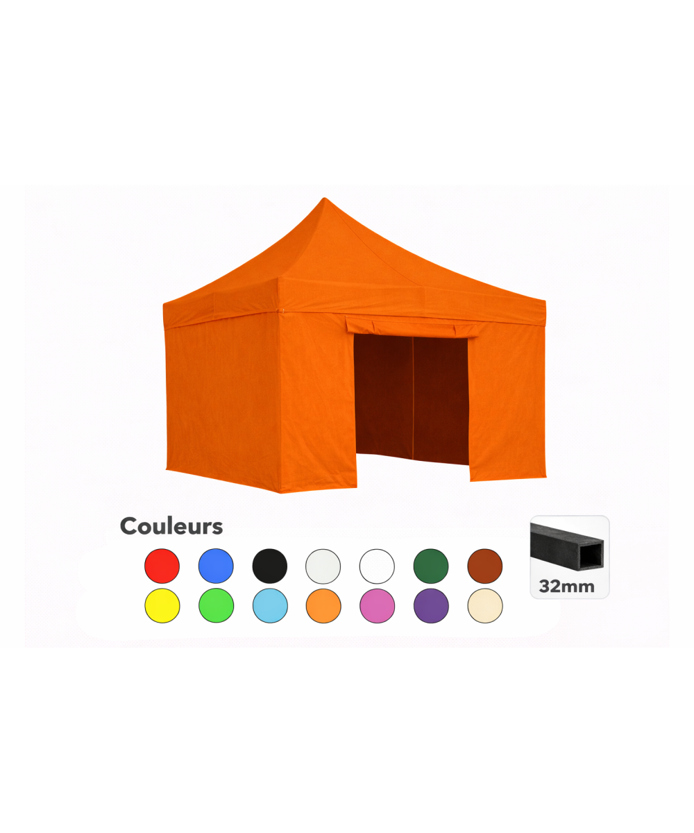 Tente pliante 3x3 orange LOISIR – Barnum acier 32 mm avec parois