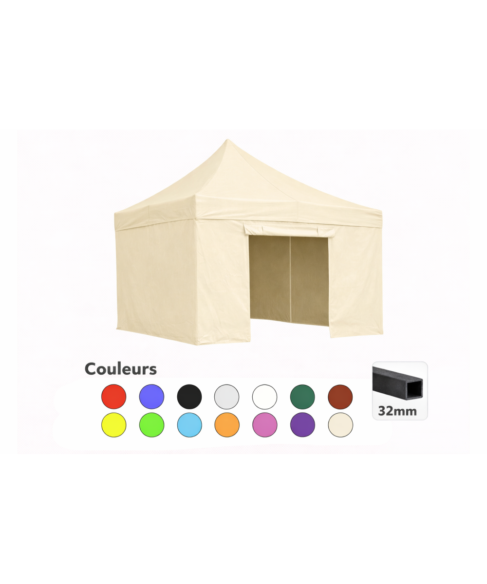 Tente pliante 3x3 crème LOISIR – Barnum acier 32 mm avec parois