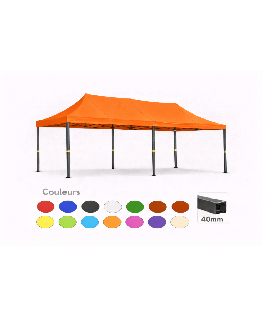 Barnum pliant 3x6 Prémium acier 40 mm – Orange – Toit 320 g/m² – Sans parois