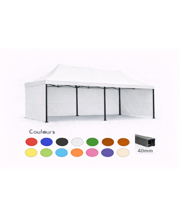 Barnum pliant 3x6 Prémium acier 40 mm – Blanc – Pack 4 parois (dont 1 porte) – Toit 320 g/m²