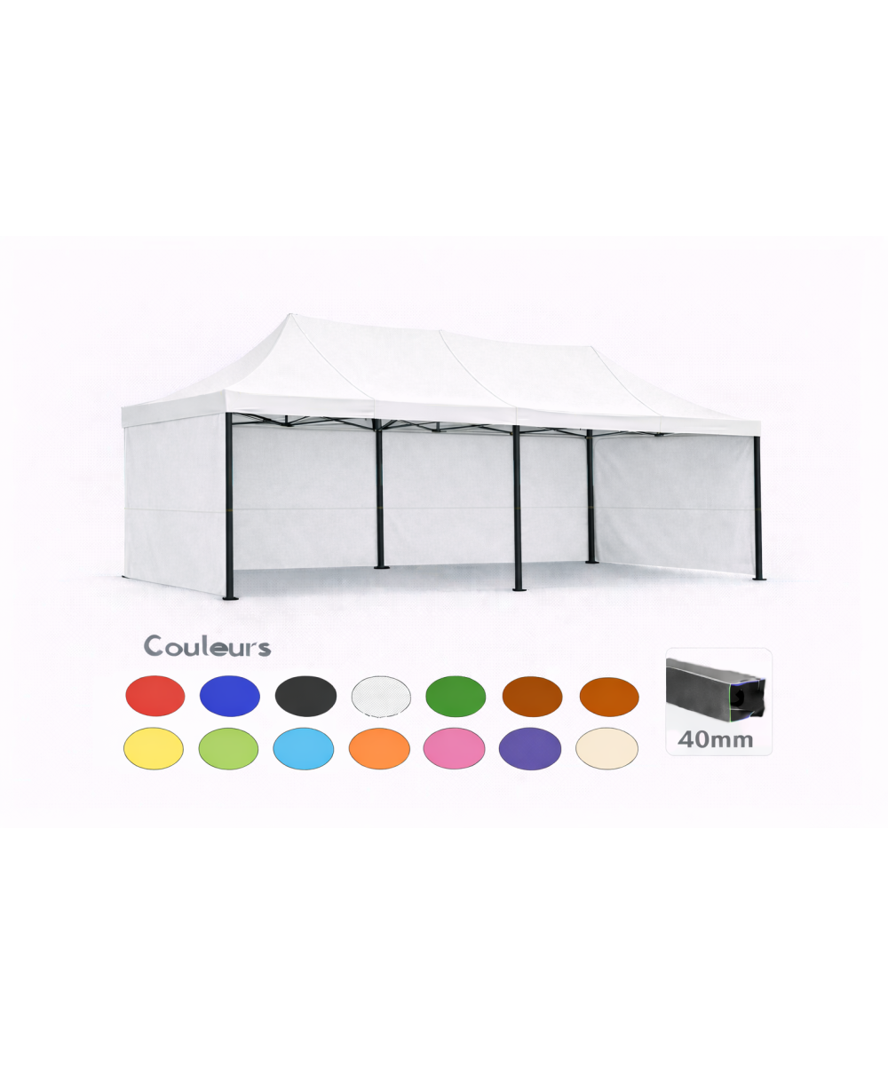 Barnum pliant 3x6 Prémium acier 40 mm – Blanc – Pack 4 parois (dont 1 porte) – Toit 320 g/m²