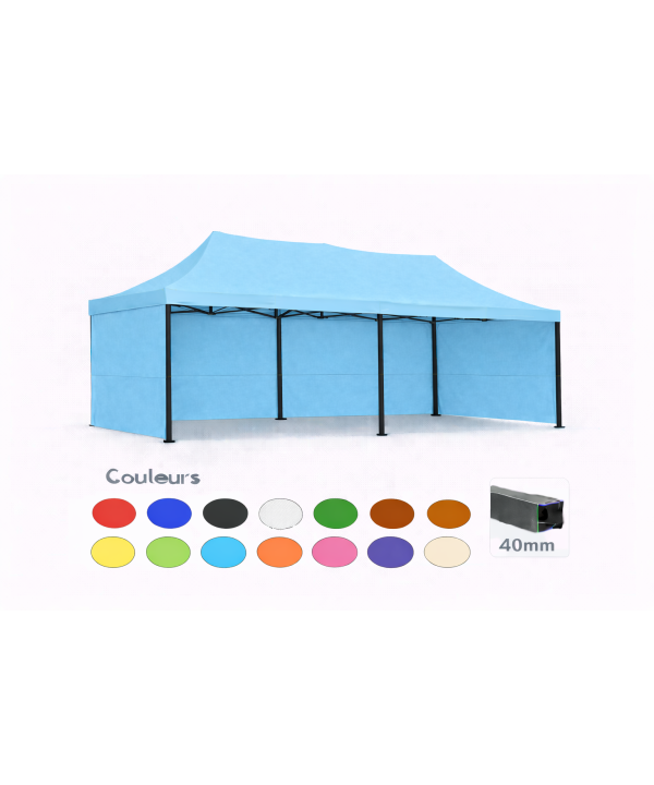 Barnum pliant 3x6 Prémium acier 40 mm – Bleu ciel – Pack 4 parois (dont 1 porte) – Toit 320 g/m²