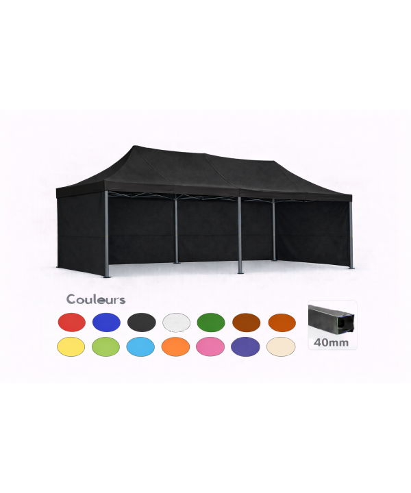 Barnum pliant 3x6 Prémium acier 40 mm – Noir – Pack 4 parois (dont 1 porte) – Toit 320 g/m²