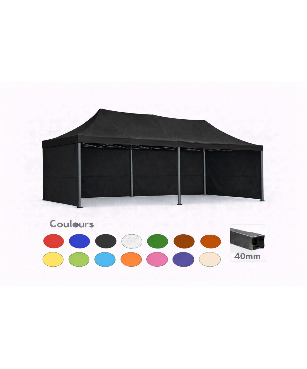 Barnum pliant 3x6 Prémium acier 40 mm – Noir – Pack 4 parois (dont 1 porte) – Toit 320 g/m²
