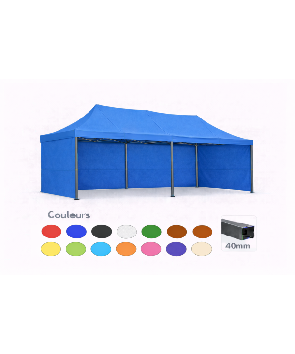 Barnum pliant 3x6 Prémium acier 40 mm – Bleu – Pack 4 parois (dont 1 porte) – Toit 320 g/m²