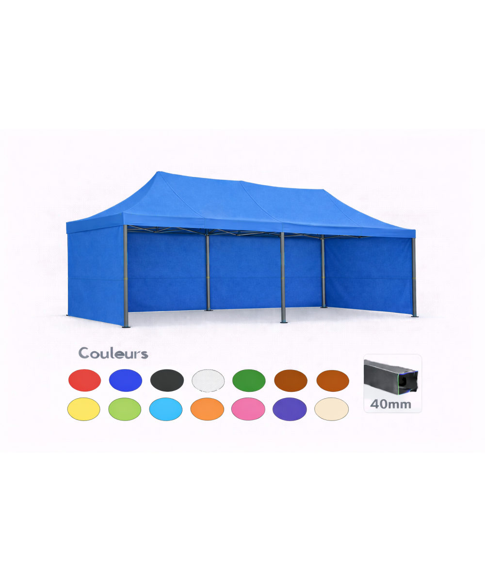 Barnum pliant 3x6 Prémium acier 40 mm – Bleu – Pack 4 parois (dont 1 porte) – Toit 320 g/m²
